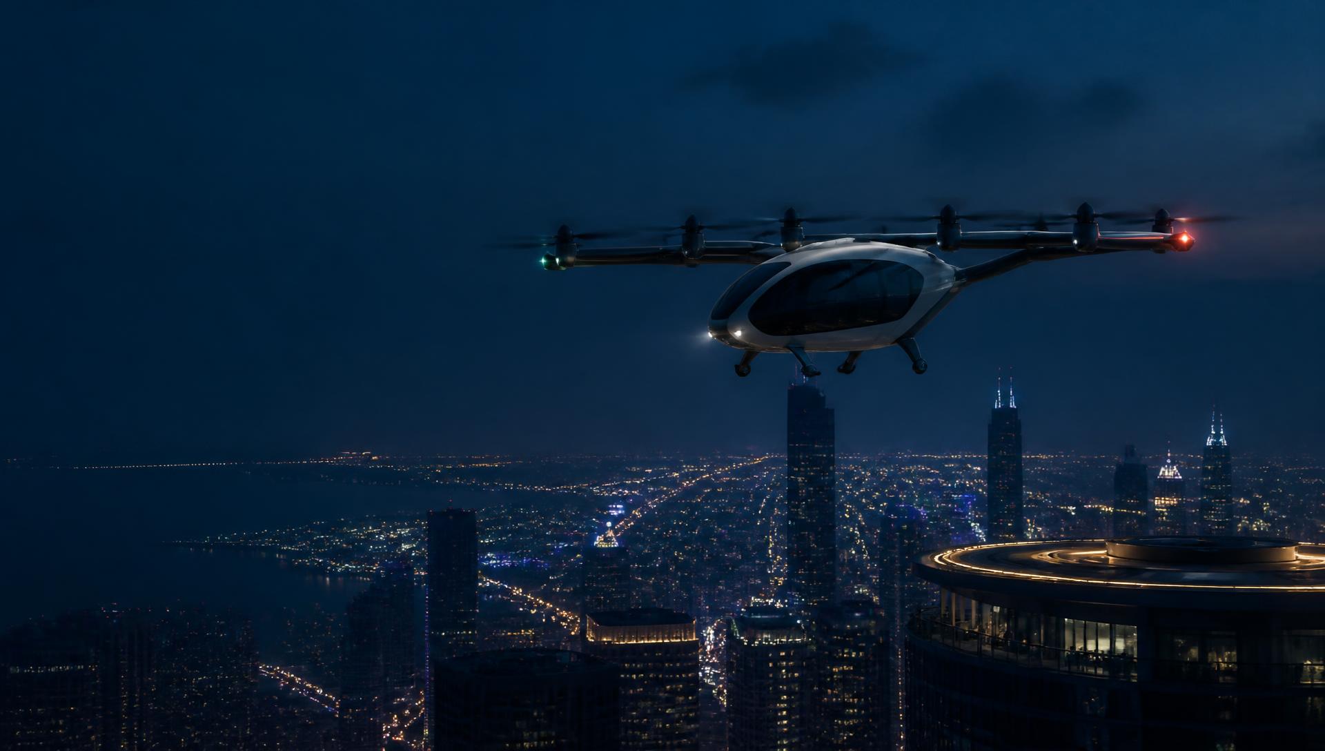 Passenger eVTOL air taxi in flight above a city skyline at dusk, with a rooftop vertiport below