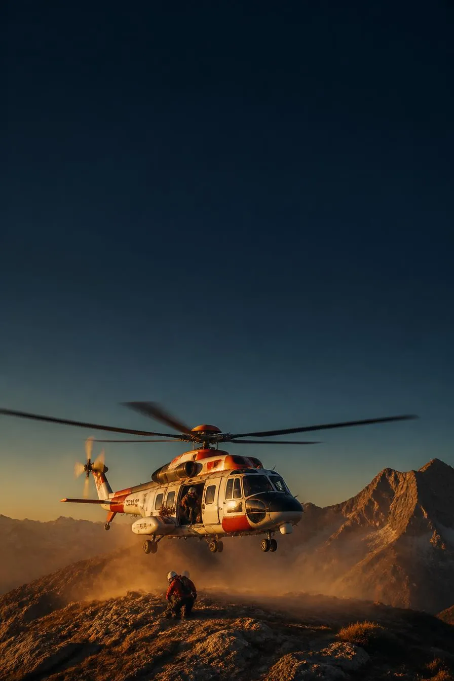 Rescue helicopter hovering over a mountain ridge at golden hour — special missions worldwide