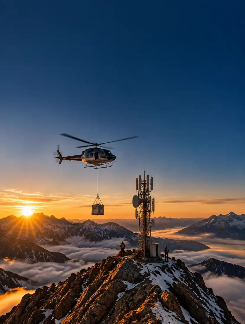 Helicopter carrying a sling load to a remote mountain telecom tower at sunrise, a special mission arranged through SkyMatch